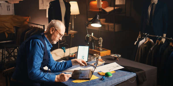 Ein Schneider sitzt an einem Tisch und schaut auf einen Laptop-Bildschirm.